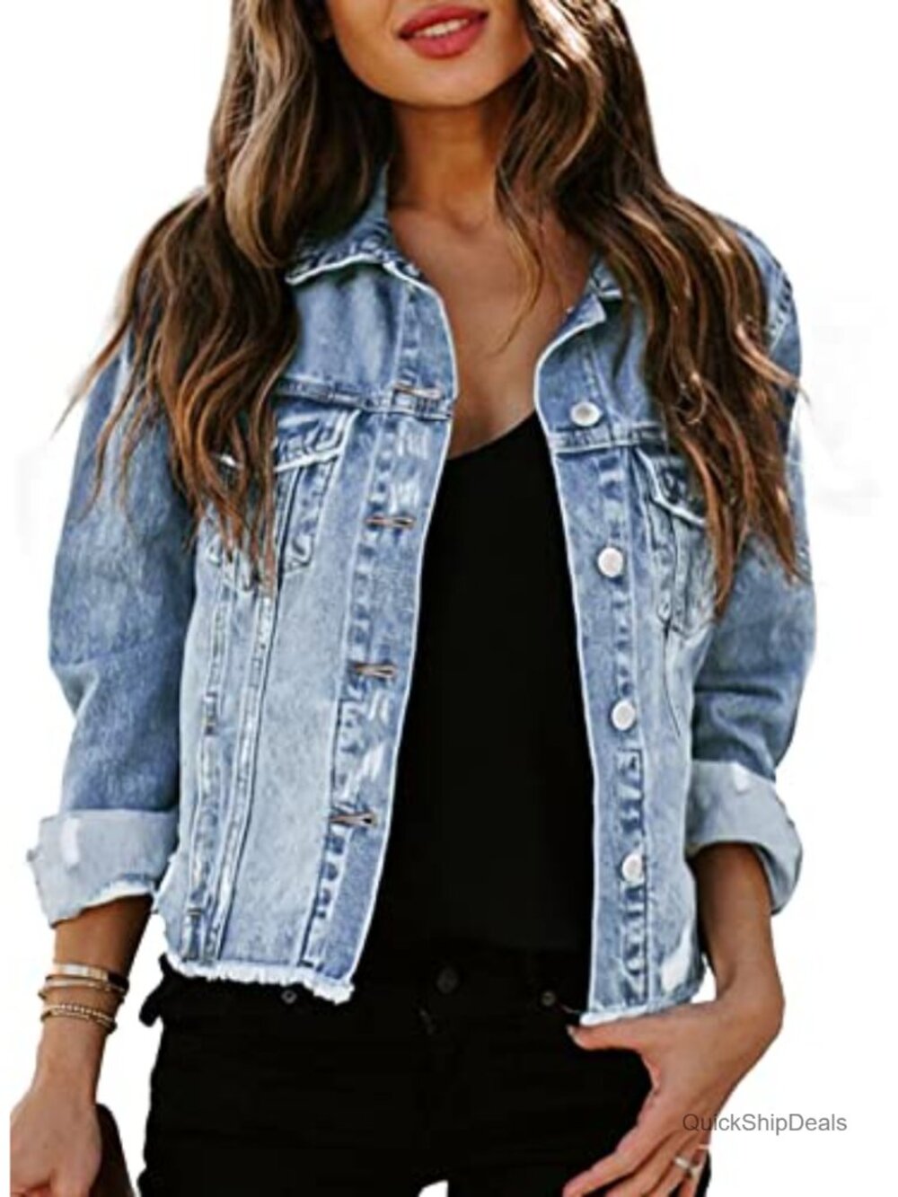 Cropped Distressed Denim Jacket Cotton Polyester Button Down Long Sleeve